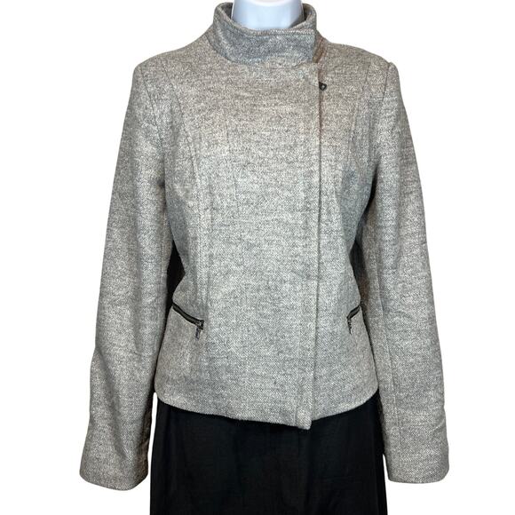 Gap Asymmetrical Zip Moto Jacket Women's M Wool Blend Mock Neck Gray Tweed - Picture 1 of 8